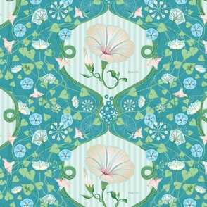 Victorian style decorative floral vines on aqua and blue green - Maximal and cheerful 