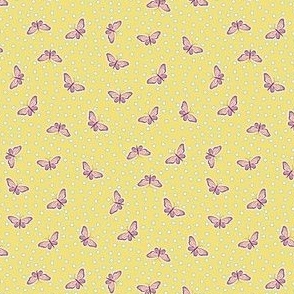 Tiny butterflies scattered all over with polka dots on  pastel yellow background - small print.