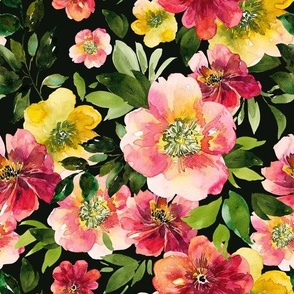Vibrant Watercolor Spring Florals on Black, Large Scale