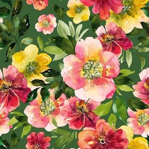 Vibrant Watercolor Spring Florals on Green, Large Scale