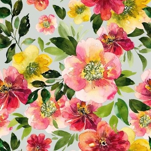 Vibrant Watercolor Spring Florals on Light Grey Background, Large Scale