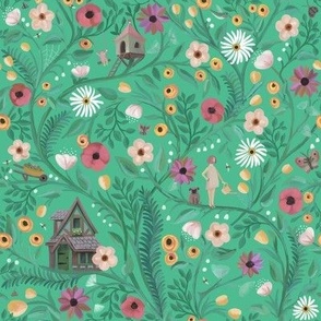 Whimsical garden scene with cute floral vines - tonal green and all over .   