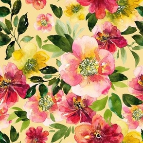 Vibrant Watercolor Spring Florals on Light Yellow Background, Large Scale