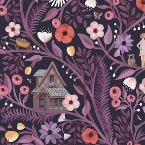 Fantasy garden scene of cutesy purple floral vines in maximalist allover print on dark background - large scale .