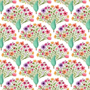 Colorful damask pattern of peacocks with decorative flower tails on white - whimsical and maximalist - small print.