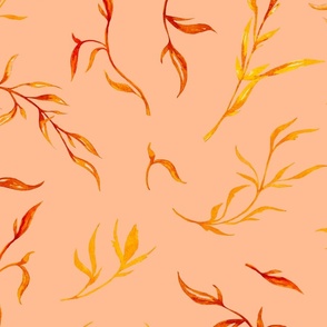 watercolour fall leaves yellow red on PEACH_FUZZ || ffbe98