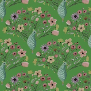Bright conversational print of whimsical  peacocks with cute floral feathers for kids room décor - mid size  print.