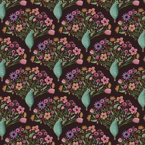 Quirky damask pattern with dainty woodland floral - birds, peacocks , bees, ladybirds - small print.