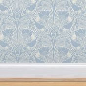 damask Spring tulips art nouveau birds bees light blue white sky blue