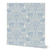 damask Spring tulips art nouveau birds bees light blue white sky blue