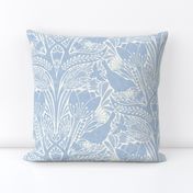 damask Spring tulips art nouveau birds bees light blue white sky blue