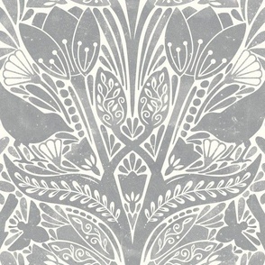 damask Spring tulips art nouveau birds bees white grey Ultimate Gray