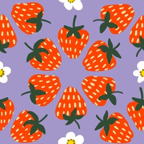 Large - Vintage Strawberries and Flowers on Purple Background