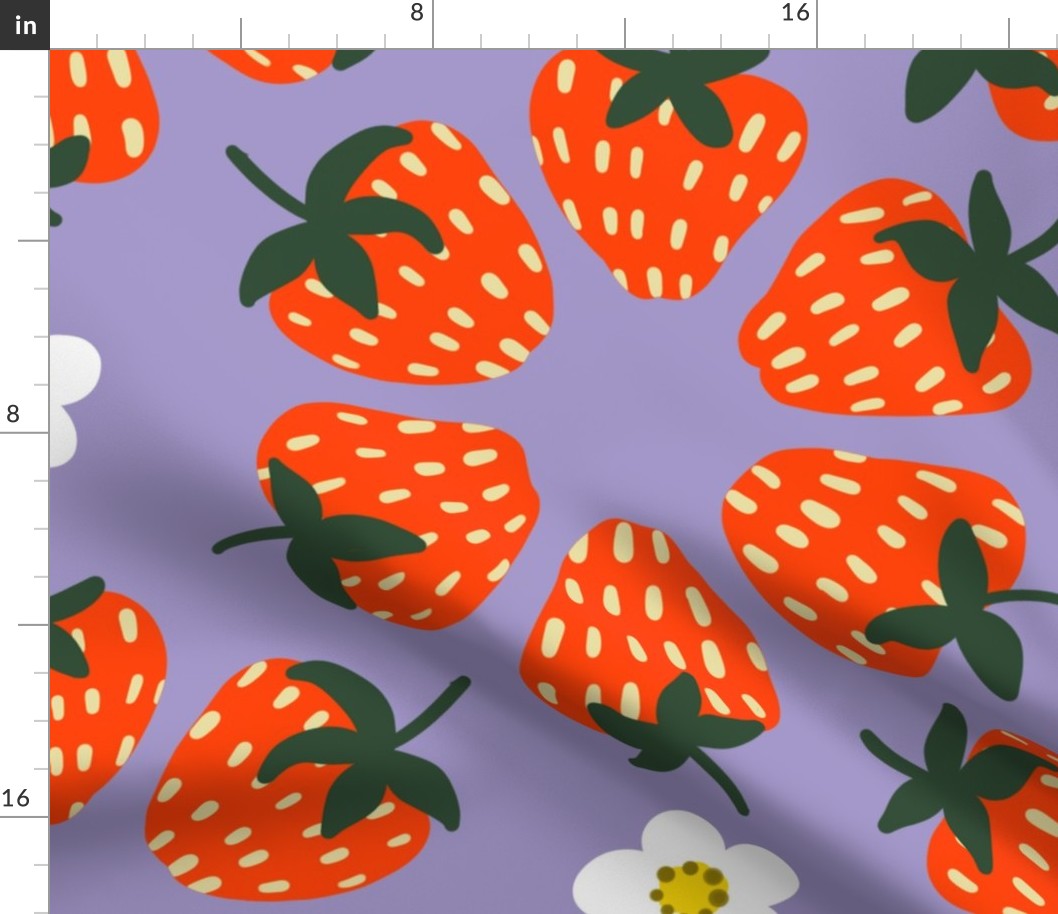 Large - Vintage Strawberries and Flowers on Purple Background