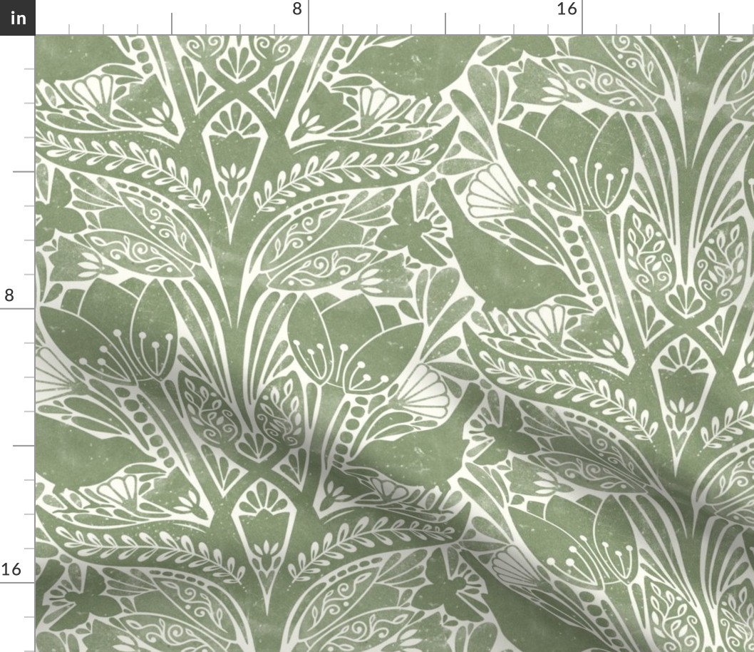 damask Spring tulips art nouveau birds bees white green Sage