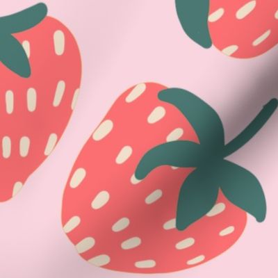 Large - Pastel Strawberries and Flowers on Pink Background