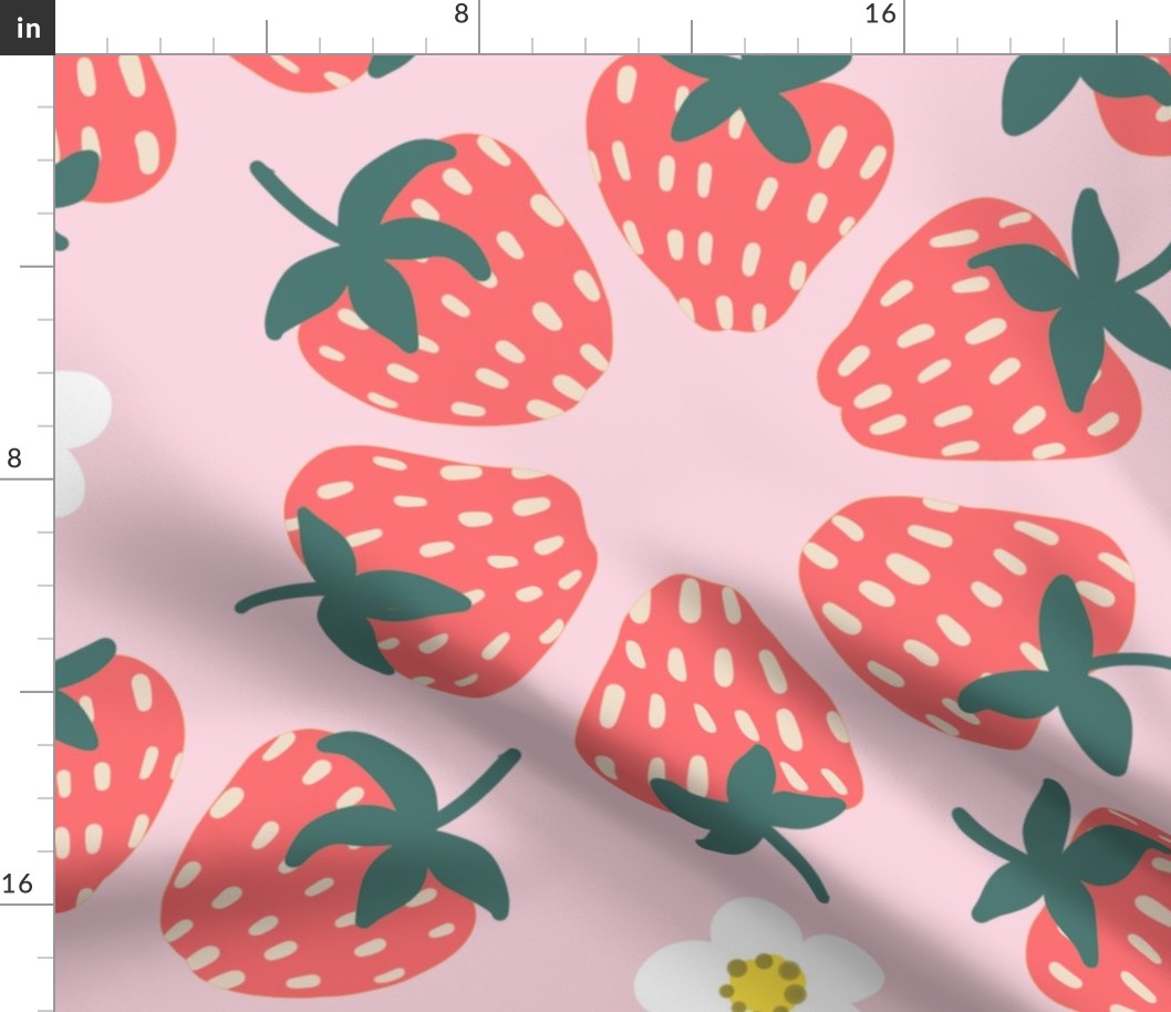 Large - Pastel Strawberries and Flowers on Pink Background