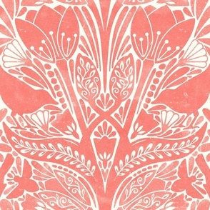 damask Spring tulips art nouveau birds bees white red Coral