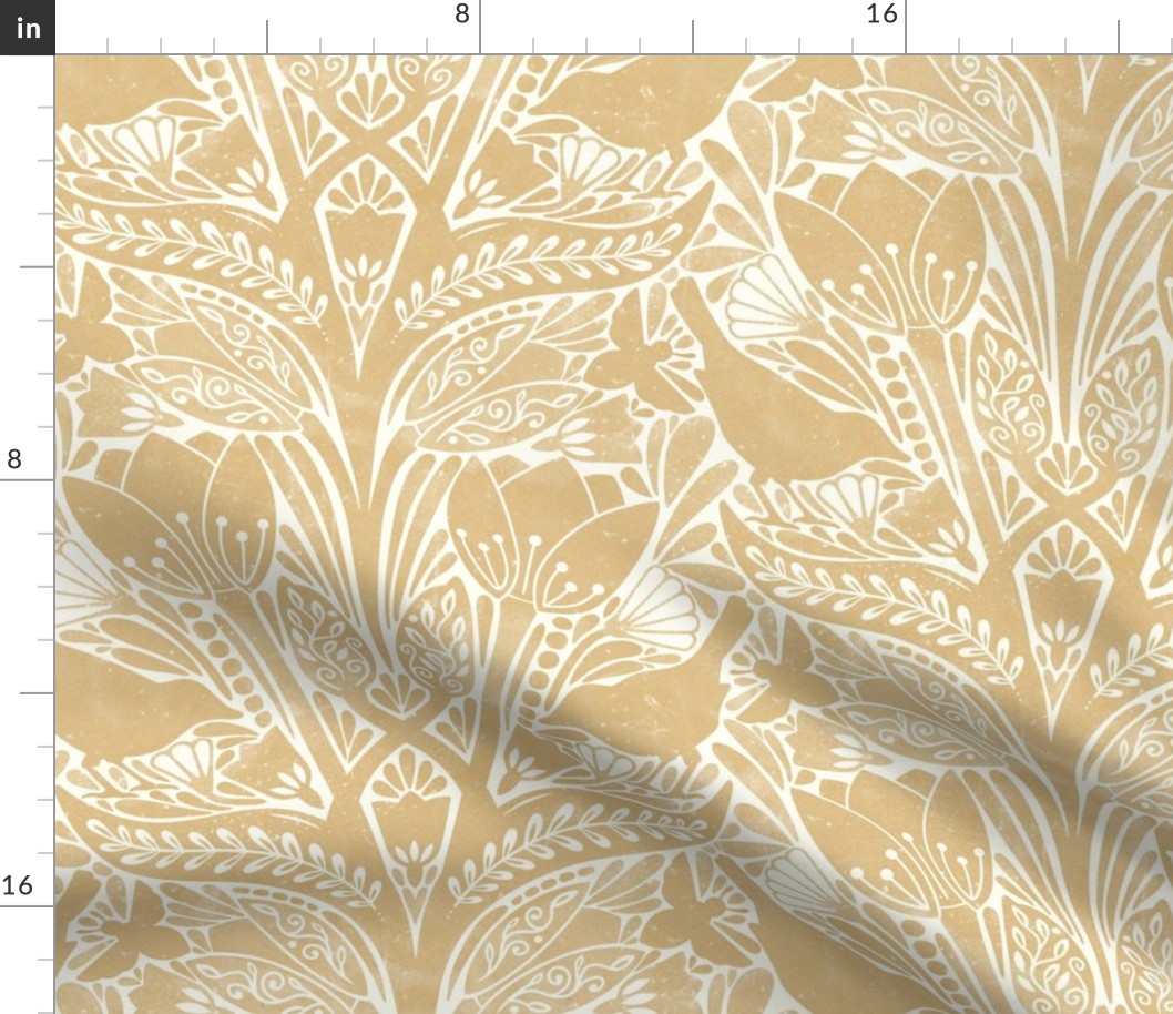 damask Spring tulips art nouveau birds bees white brown Honey beige