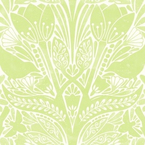 damask Spring tulips art nouveau birds bees white green chartreuse Honeydew
