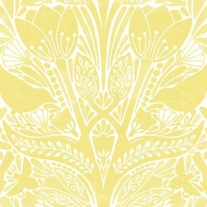 damask Spring tulips art nouveau birds bees white yellow Buttercup