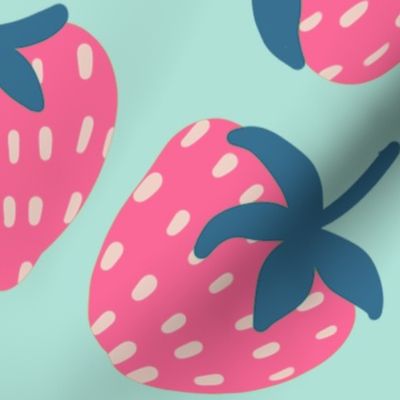 Large - Pastel Strawberries and Flowers on Mint Background