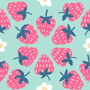 Large - Pastel Strawberries and Flowers on Mint Background