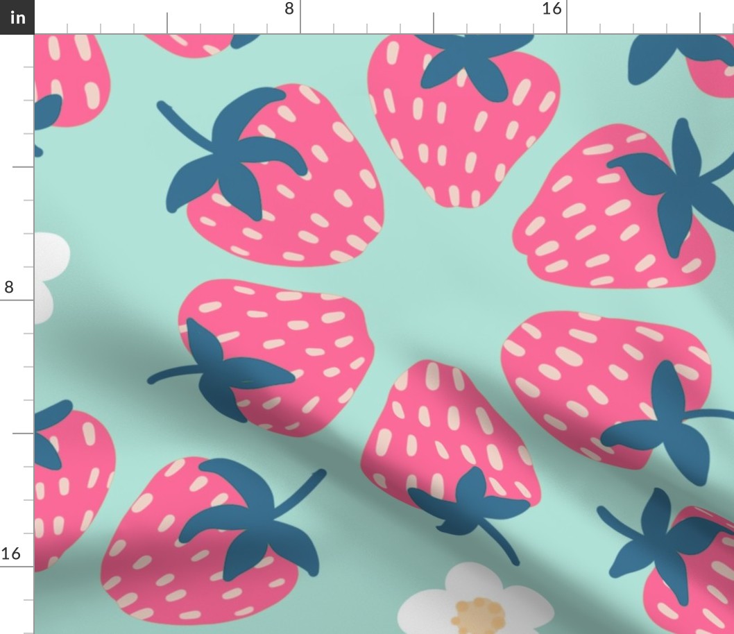 Large - Pastel Strawberries and Flowers on Mint Background