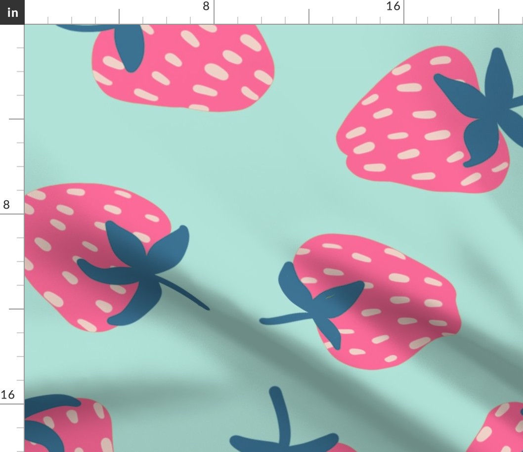 Large - Pastel Strawberries Scattered on Mint Background