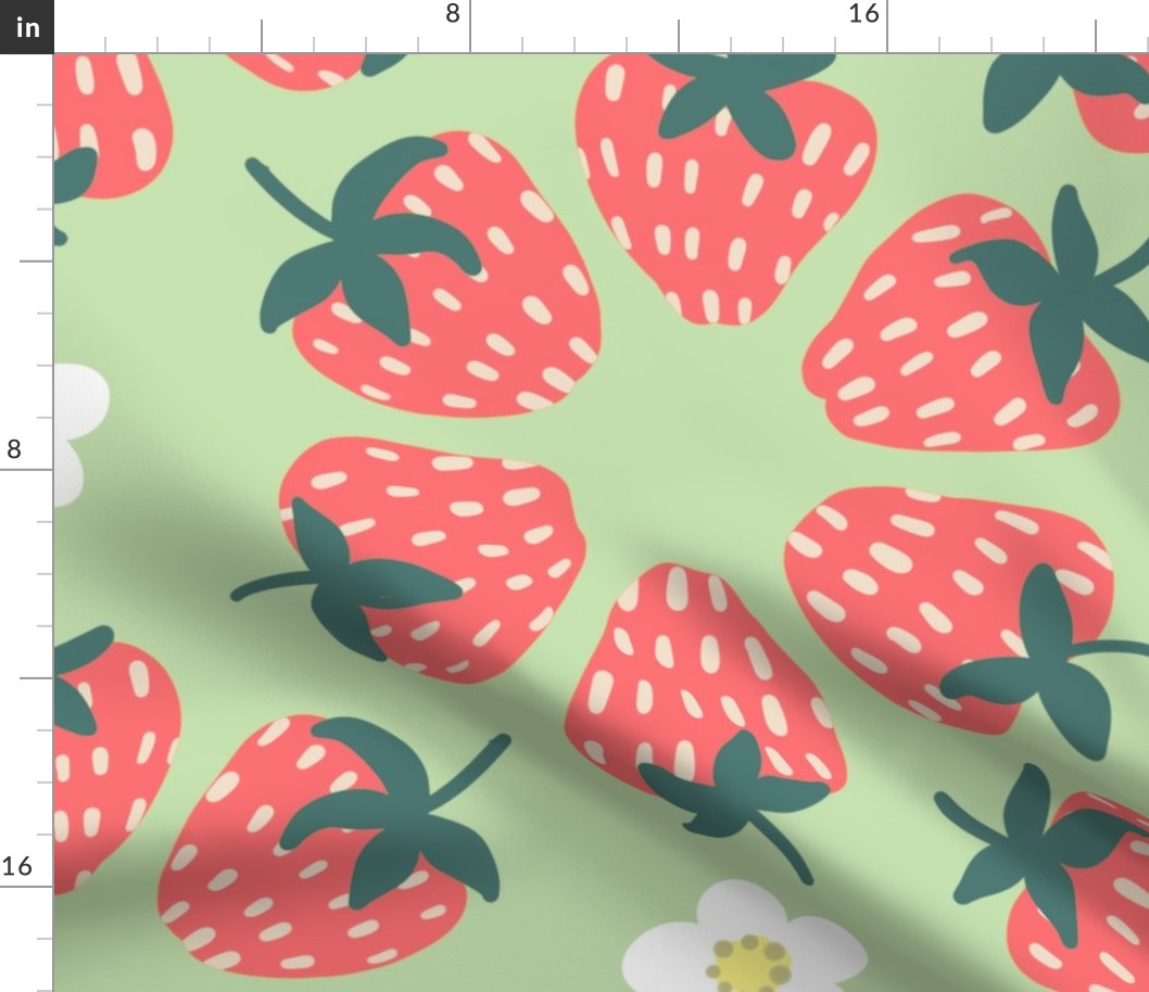 Large - Pastel Strawberries and Flowers on Green Background