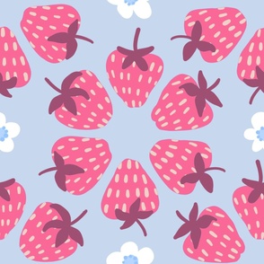 Large - Pink Strawberries and Flowers on Blue Background