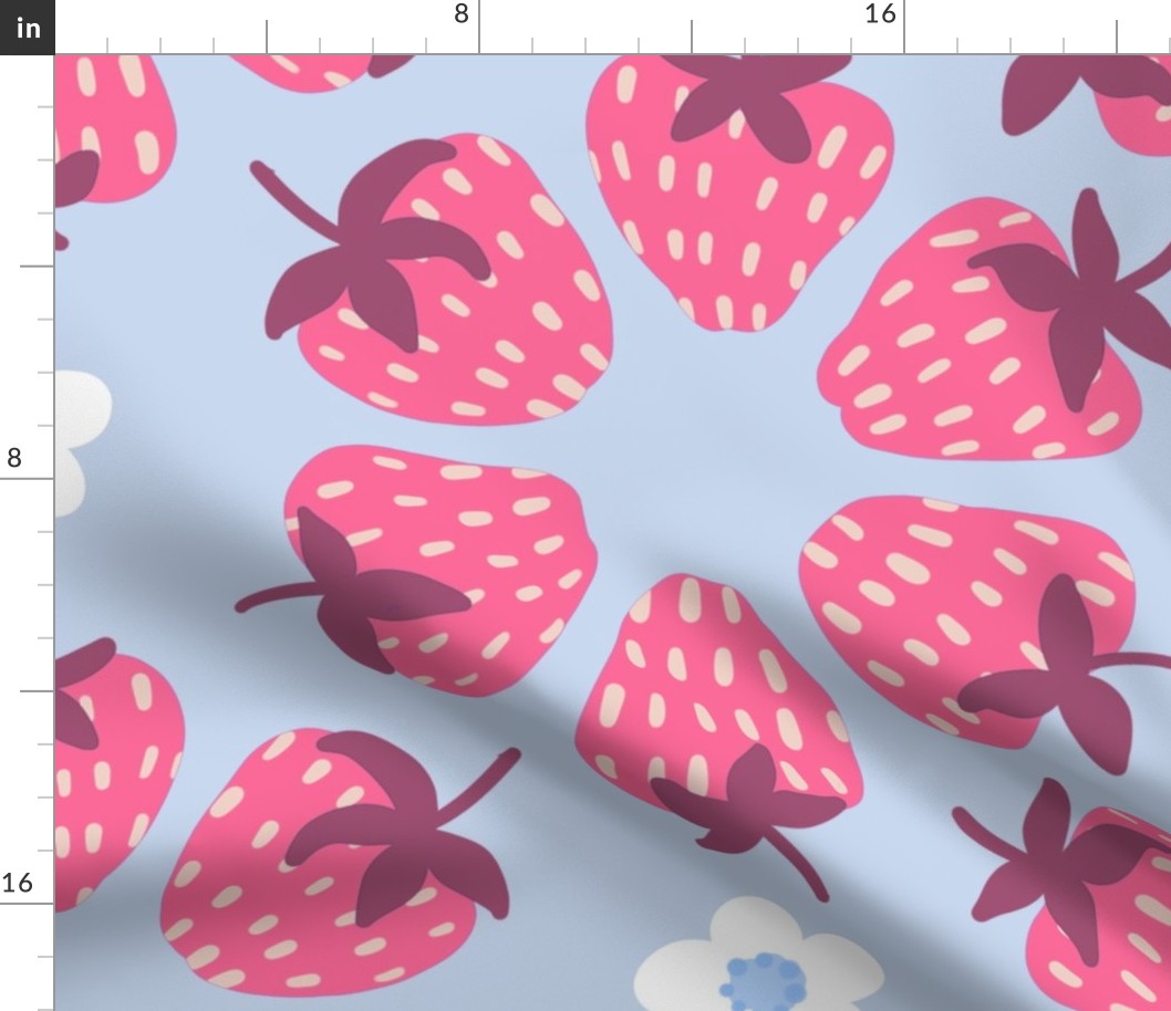 Large - Pink Strawberries and Flowers on Blue Background