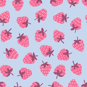 Large - Pink Strawberries Scattered on Blue  Background