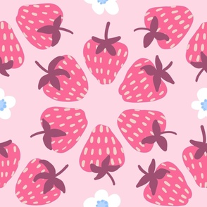 Large - Pink Strawberries and Flowers on Pink Background