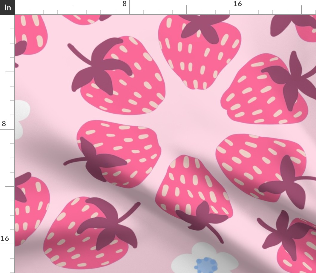 Large - Pink Strawberries and Flowers on Pink Background