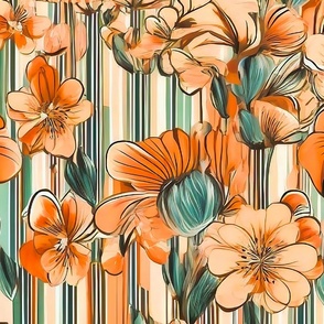 Large scale peach flowers with vertical stripes