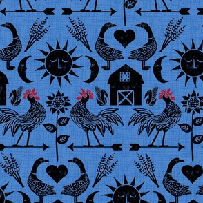 Block Print Farm Scene with Rooster Weathervane, Geese, Barn, Sun and Moon Large Scale Blue Ground