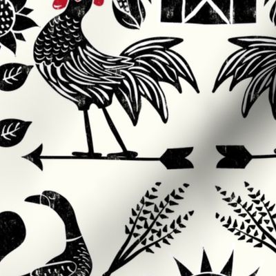 Block Print Farm Scene with Rooster Weathervane, Geese, Barn, Sun and Moon Large Scale Cream Ground