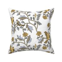 Block Print Doves and Flowering Vines in Gray and Light Gold on White