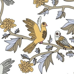 Block Print Doves and Flowering Vines in Gray and Light Gold on White