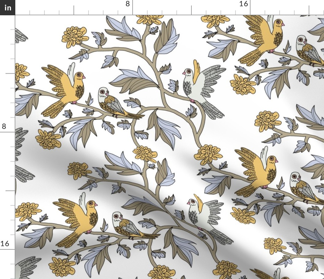Block Print Doves and Flowering Vines in Gray and Light Gold on White