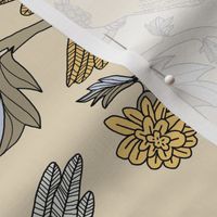 Block Print Doves and Flowering Vines in Gray and Light Gold on Beige