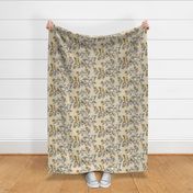 Block Print Doves and Flowering Vines in Gray and Light Gold on Beige