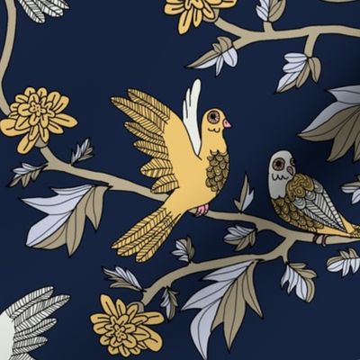 Block Print Doves and Flowering Vines in Gray and Light Gold on Darkest Blue