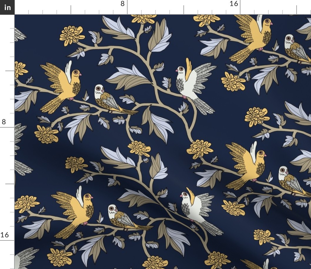 Block Print Doves and Flowering Vines in Gray and Light Gold on Darkest Blue
