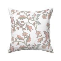 Block Print Doves and Flowering Vines in Pink and Gray on White