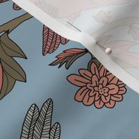 Block Print Doves and Flowering Vines in Dusty Rose and Gray on Colonial Blue