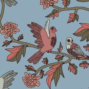 Block Print Doves and Flowering Vines in Dusty Rose and Gray on Colonial Blue