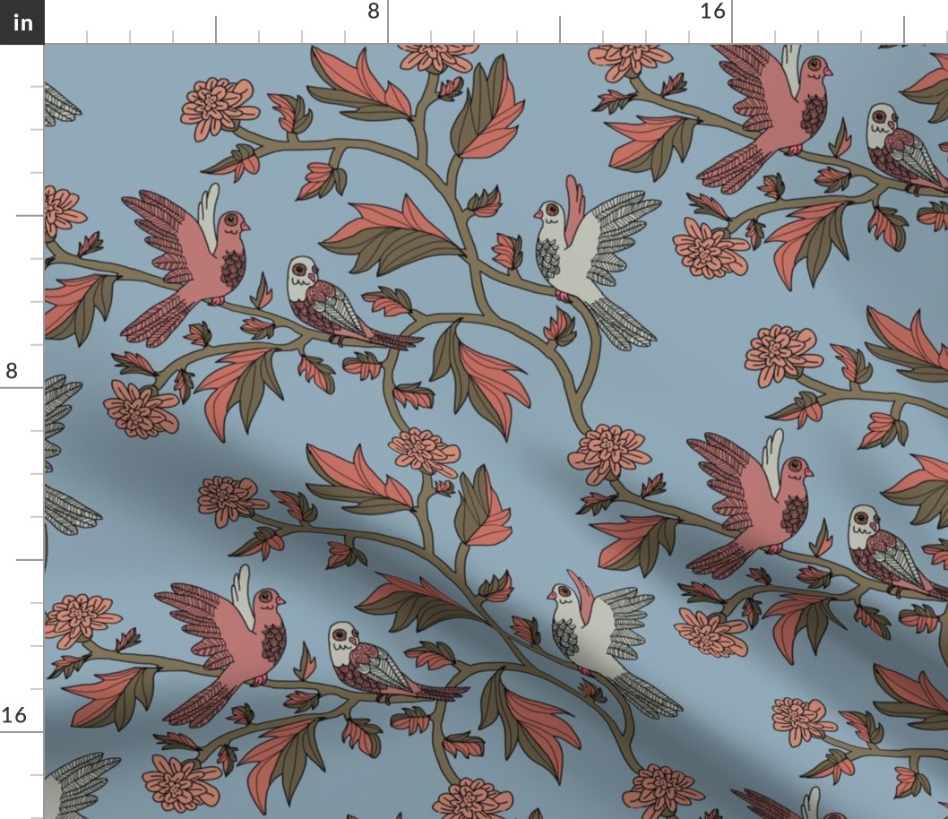 Block Print Doves and Flowering Vines in Dusty Rose and Gray on Colonial Blue