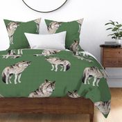 Watercolour Wolf Pack - Large - Green Linen Background - Forest Pals